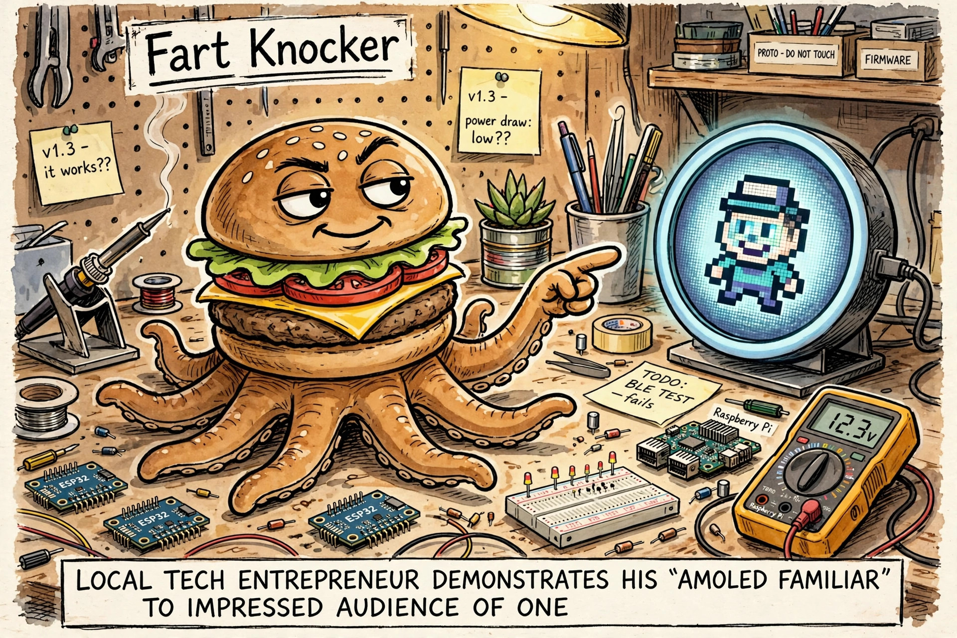 Fart Knocker at a workbench covered in ESP32 boards and gadget prototypes, gesturing at a round AMOLED display.