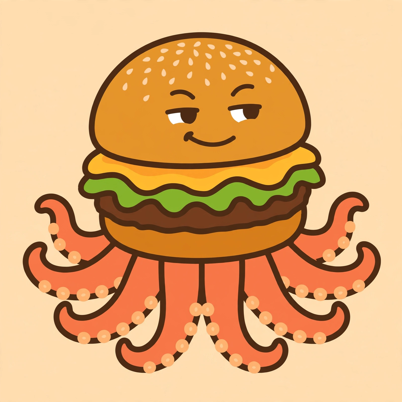 A burger-octopus: sesame bun head, eight friendly tentacles, smug expression.